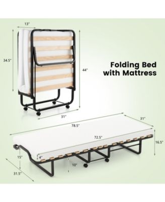 Twin Size Folding Bed with Foam Mattress and Lockable Wheels