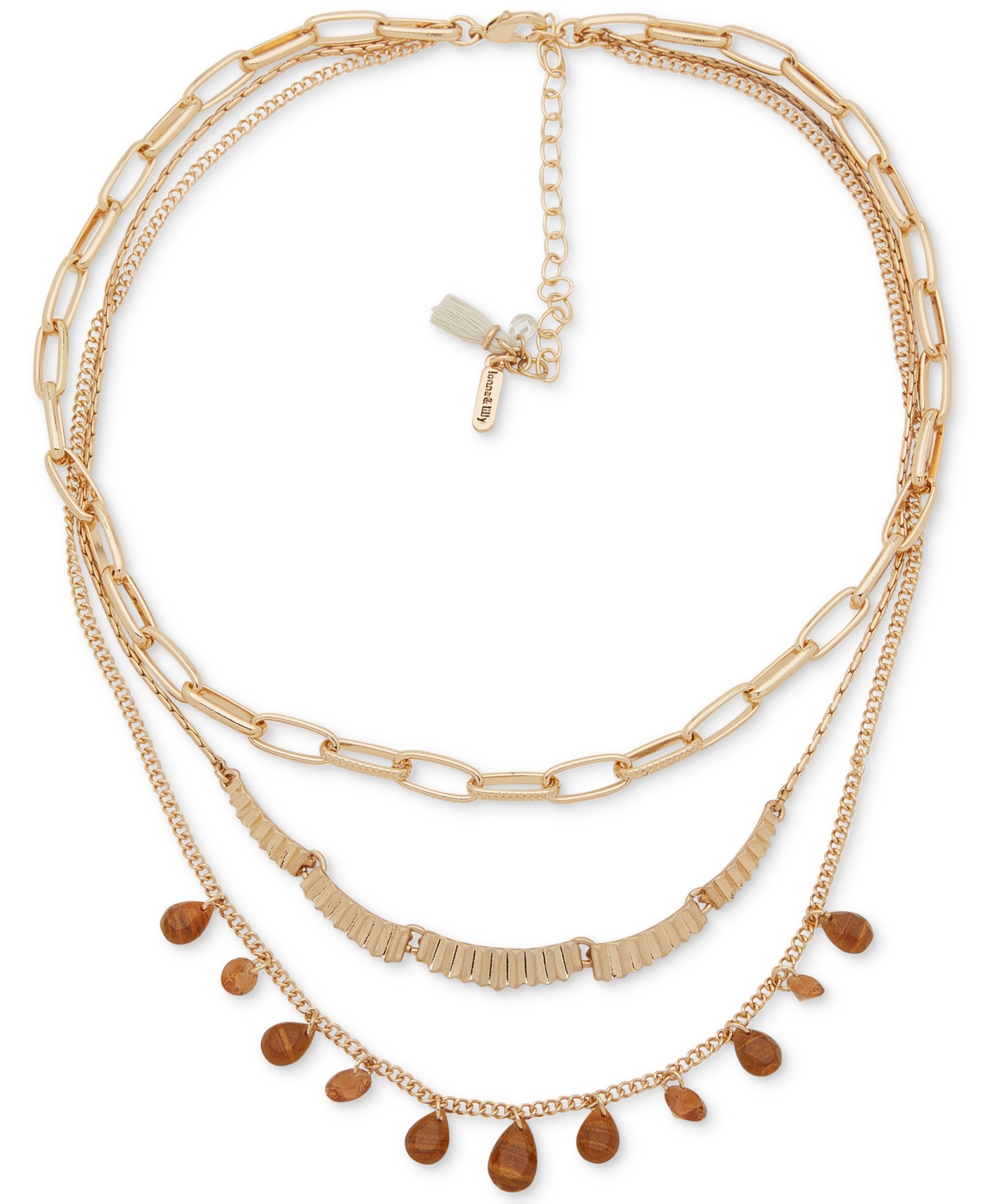 Gold-Tone Brown Stone Multi Chain Frontal Necklace, 16" + 3" extender - Brown
