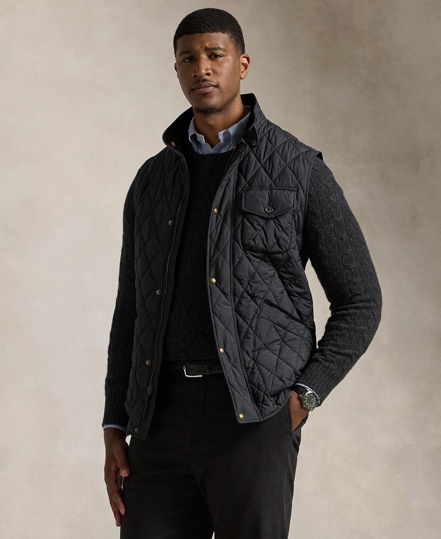 Мужской жилет Polo Ralph Lauren Big & Tall The Beaton Quilted Utility Vest, цвет: Чёрный — фото 1