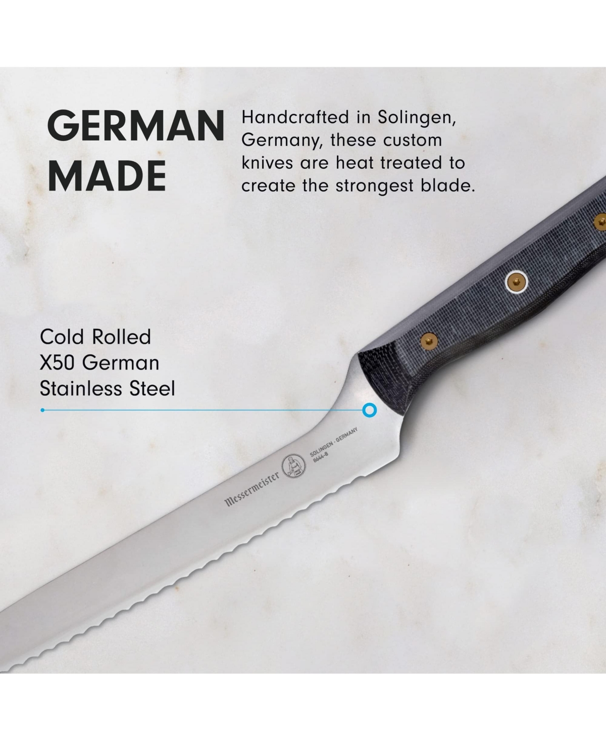 Messermeister Custom Offset Scalloped Knife, 8” - Silver with black textured handle