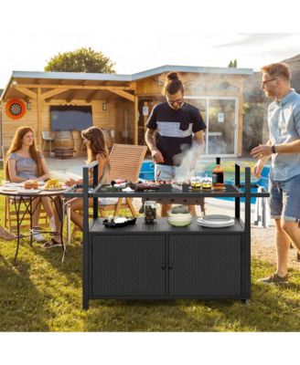 Outdoor Bar Cart with Tempered Glass Top Storage Cabinet & 8 Hooks for Porch