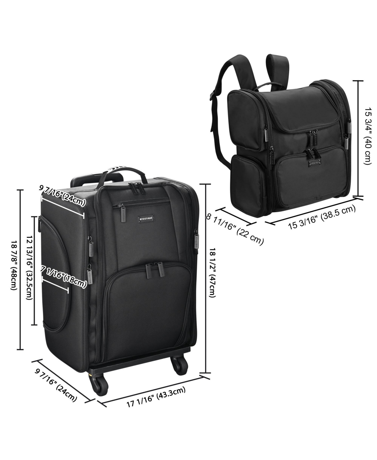 Byootique Rolling Makeup Train Case & Backpack Kit w/ 7 Toiletry Bags Travel