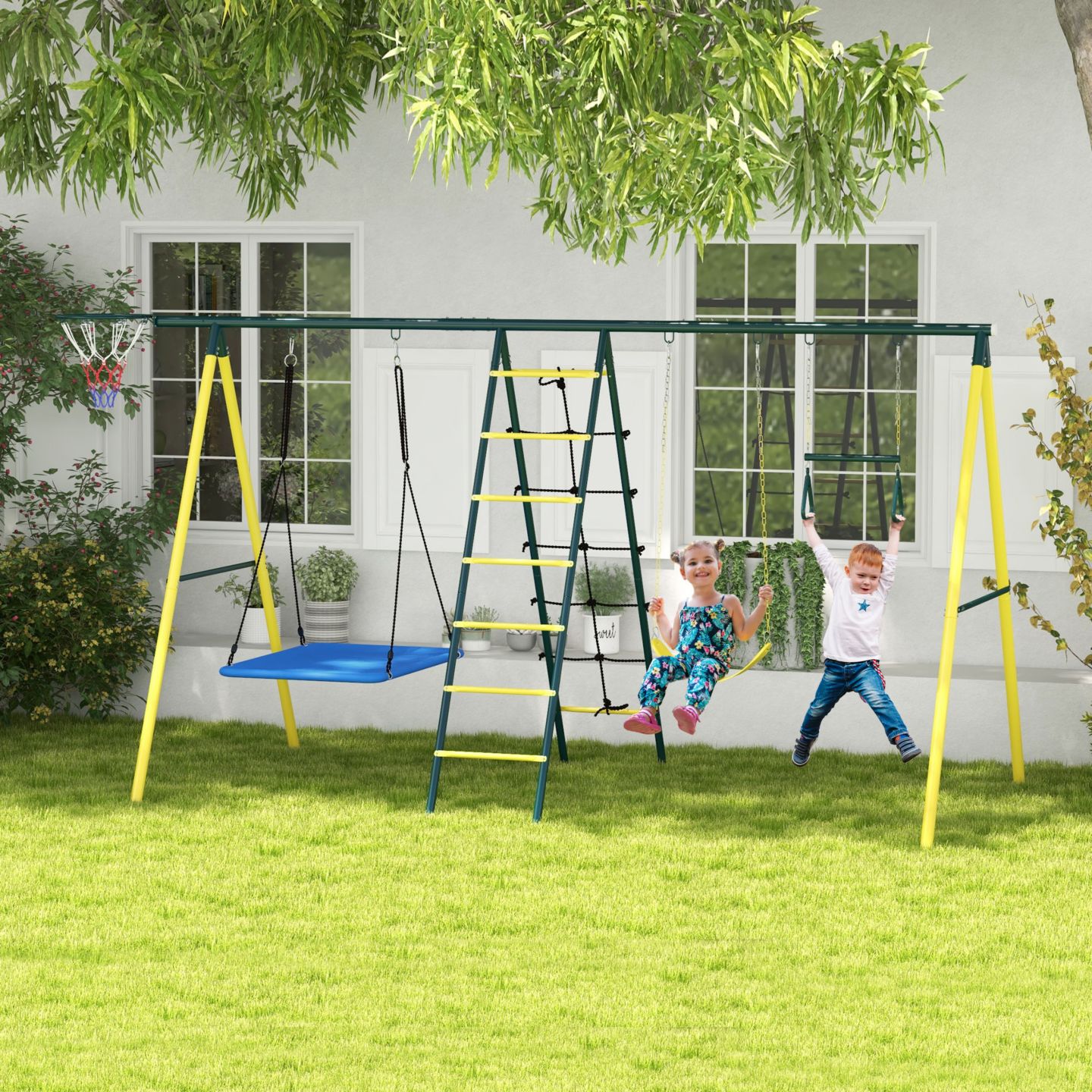 Детские игрушки Outsunny Metal Swing Set 5 in 1 Design, 440 lbs. Capacity, Ages 3-8 — фото 2