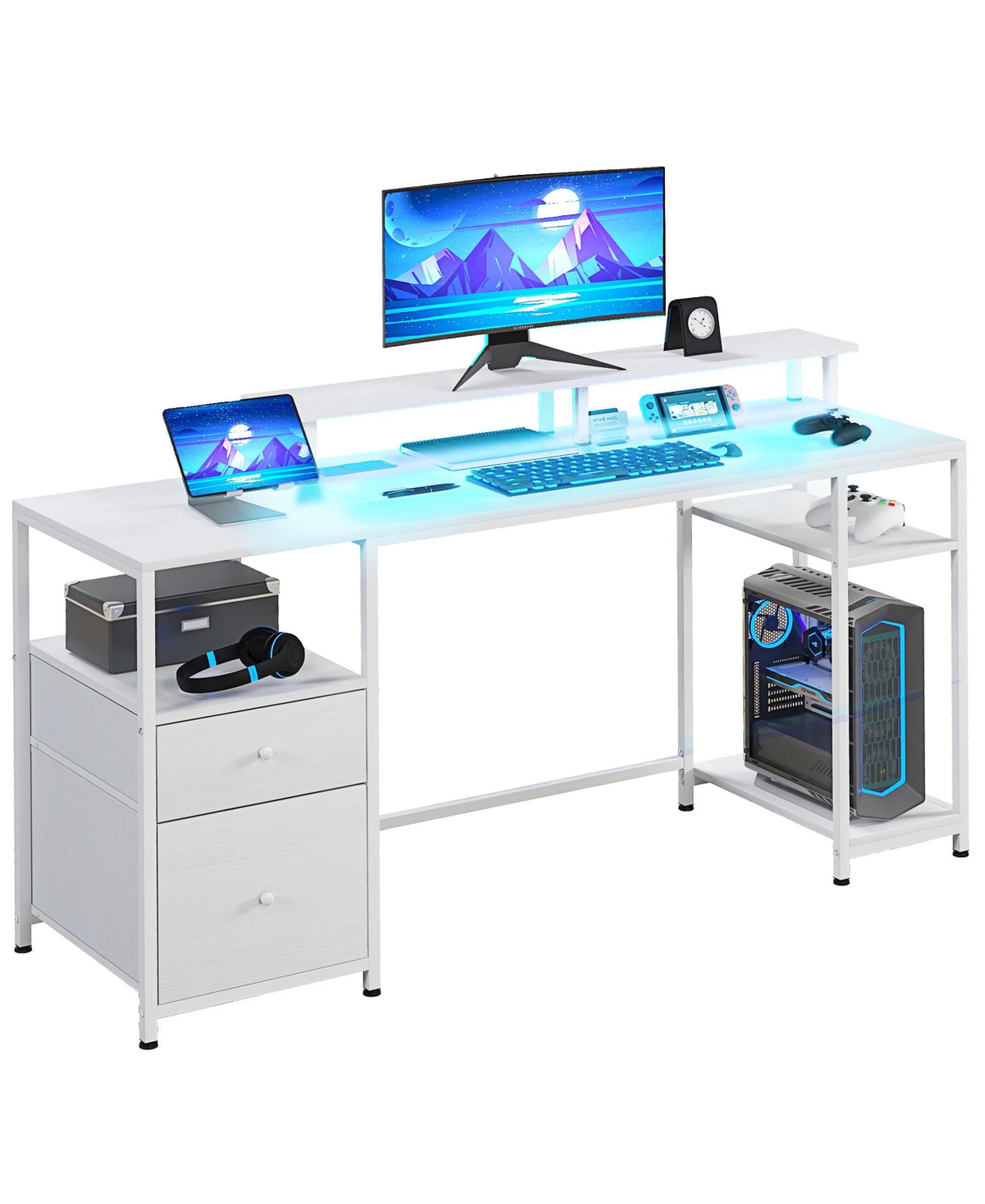 Homcom 61" Computer Desk with Led Lights, Power Outlets, Usb Ports, - Distressed white