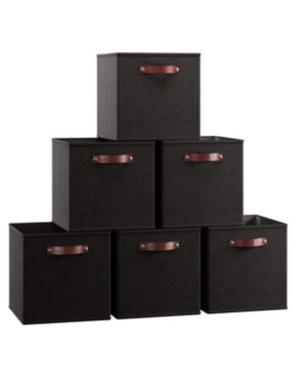 6 Pack Collapsible Linen Storage Cube Bin with Leather Handles - 11 Inch