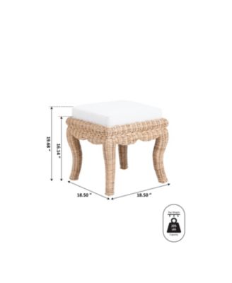 Rowan 19.7" Bohemian Designer Woven Rattan/Wood Vanity Stool, White Cushion with Natural Frame