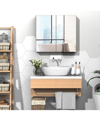 2 Door Floating Restroom Bathroom Vanity Mirror W/3-Tier Storage Shelves 24"x22"