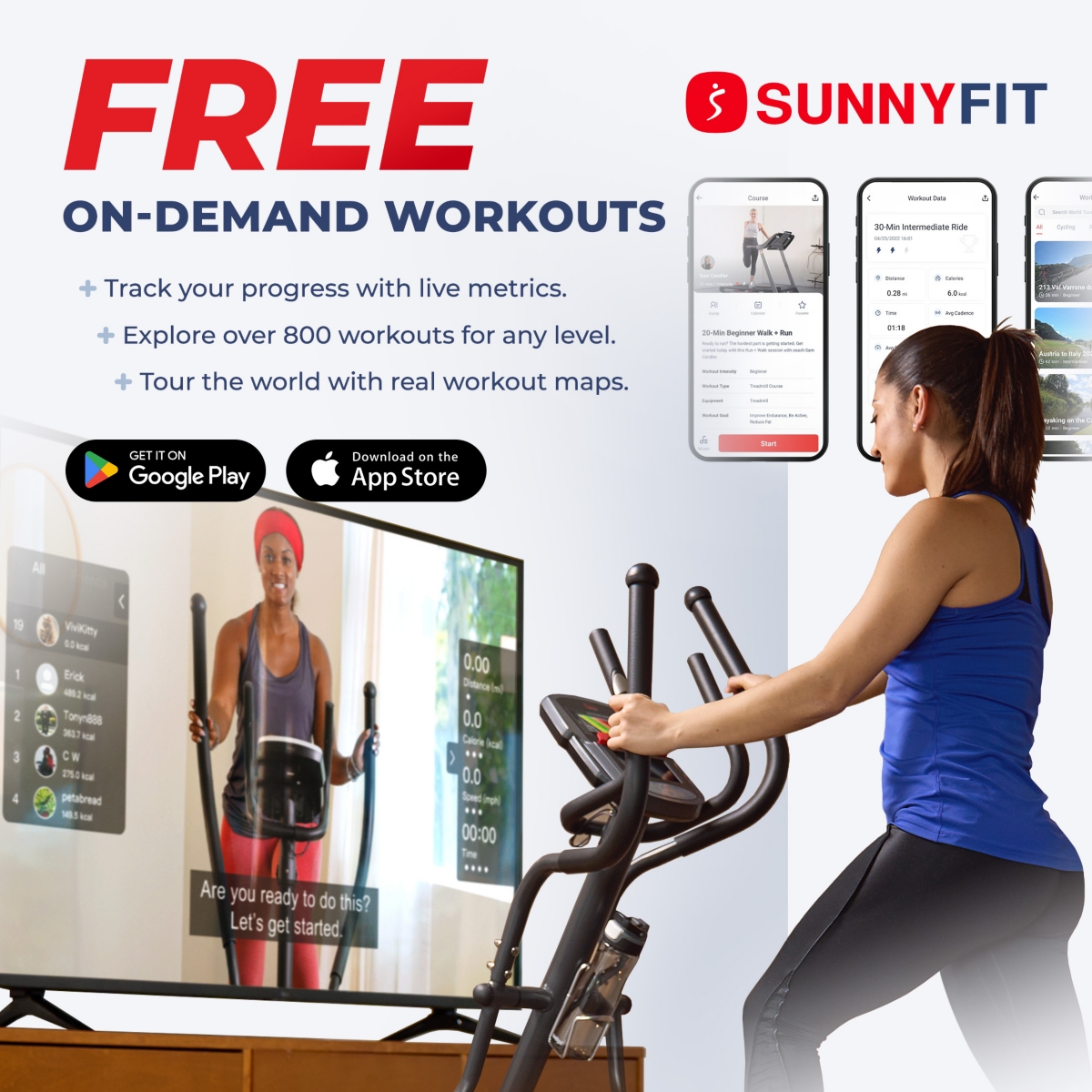 Sunny Health & Fitness Smart Elliptical Exercise Machine with 16-Level Electromagnetic Resistance, Extended Stride Length & Exclusive SunnyFit App Blu