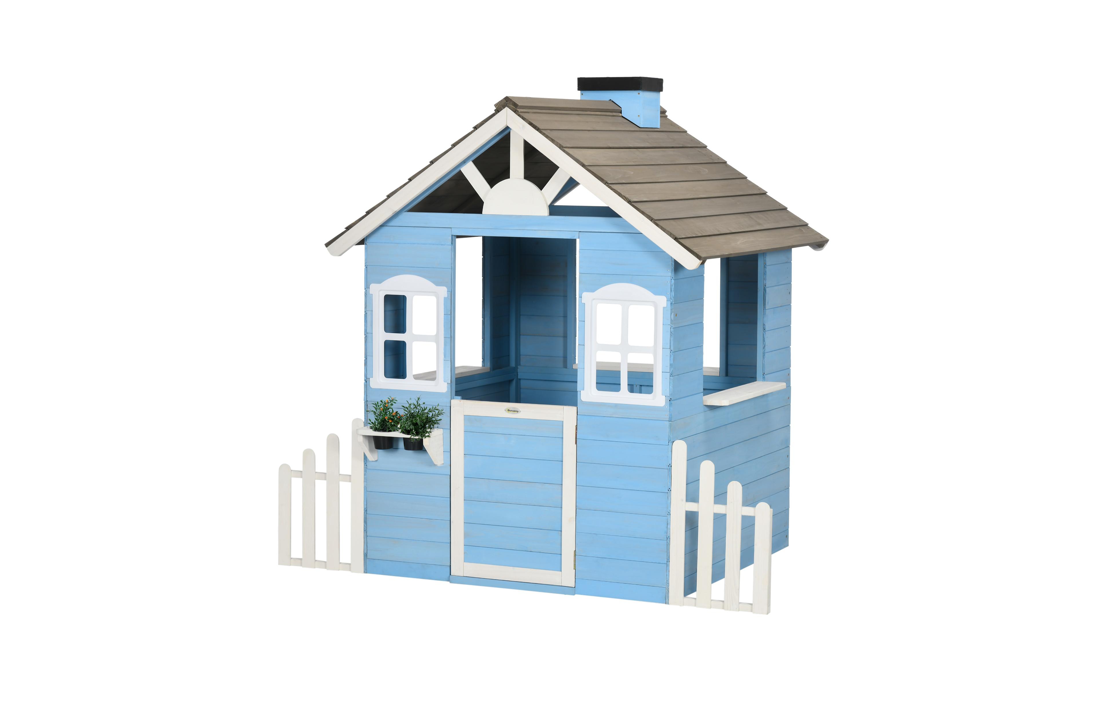 Outsunny Wooden Playhouse for Kids Outdoor with Flower Pot Holders, Blue