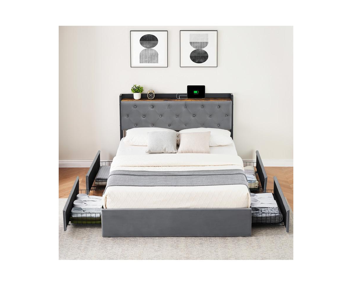 gaomon Upholstered Bed Frame with Charging Station Headboard & 4 Storage Drawers, Platform Bed Frame Mattress Foundation with Wooden Slats Support, No