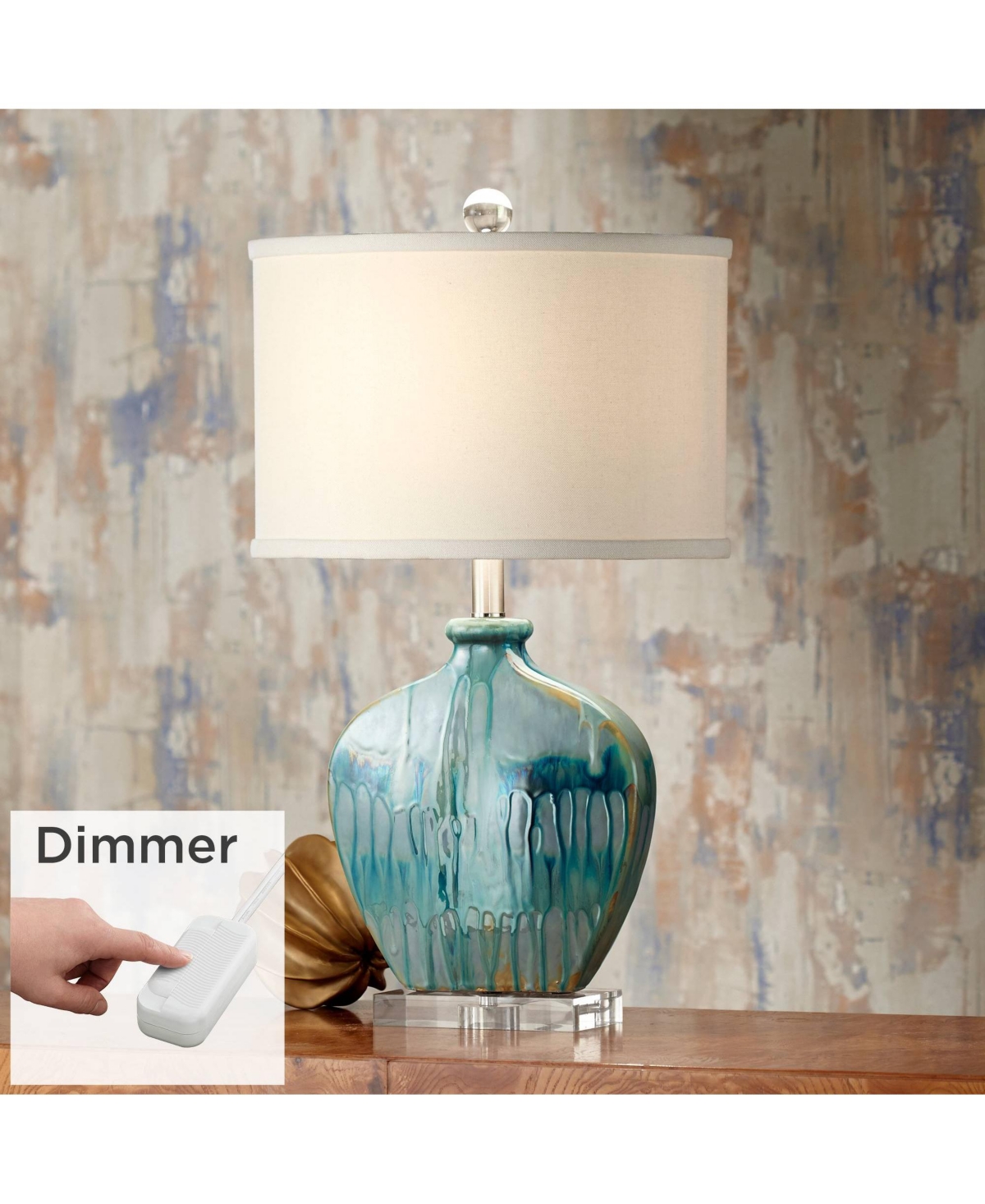 Possini Euro Design Mia Modern Table Lamp with Table Top Dimmer HighDrip Glaze Ceramic Off White Oval Shade Decor for Living Room Bedroom Ho