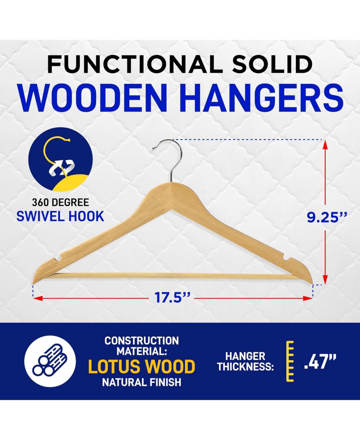 Bakken Swiss Lifemaster Tough Long Lasting Solid Maple Wooden Clothes Hangers - Pack of Natural Wood Hangers with Rotating Swivel Hooks and Built-I