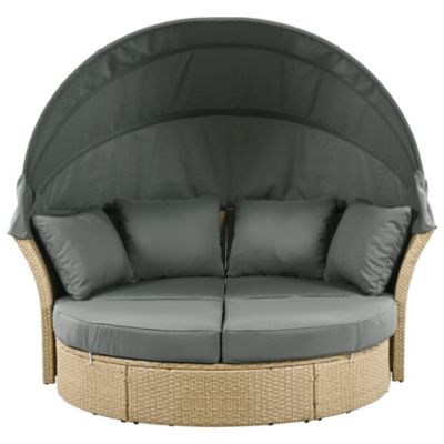 Streamdale Wicker Rattan Round Daybed with Canopy & Pillows