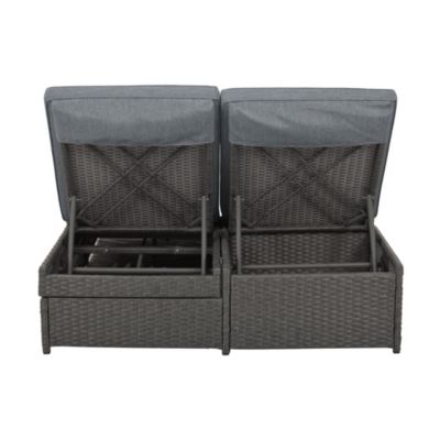Gray Wicker Rattan Double Sunbed Recliners for 2