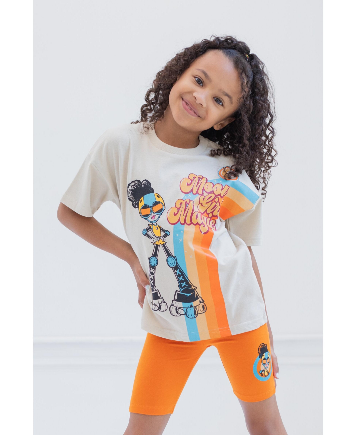 Marvel Girls Moon Devil Dinosaur Oversized Drop Shoulder T-Shirt and Bike Shorts Outfit Set to -/ orange