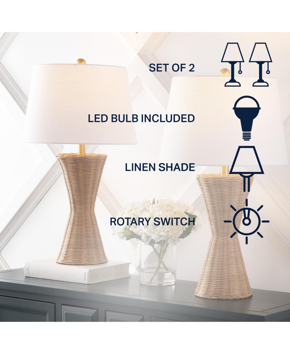 Jonathan Y Laura 27" Coastal Designer Iron/Rattan Wicker Led Table Lamp, Natural (Set of 2)