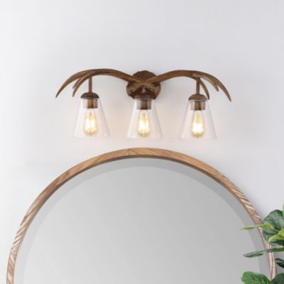 Wyatt 25.5" 3-Light Southwestern Bohemian Resin/Seeded Glass Faux Antler LED Vanity Light, Brown Wood Finish