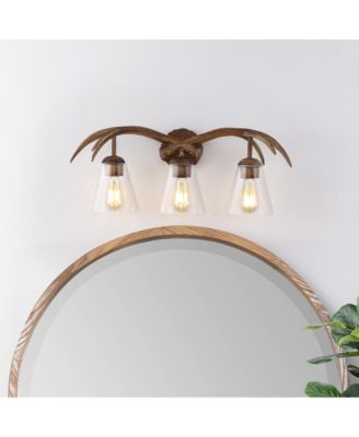 Wyatt 25.5" 3-Light Southwestern Bohemian Resin/Seeded Glass Faux Antler LED Vanity Light, Brown Wood Finish