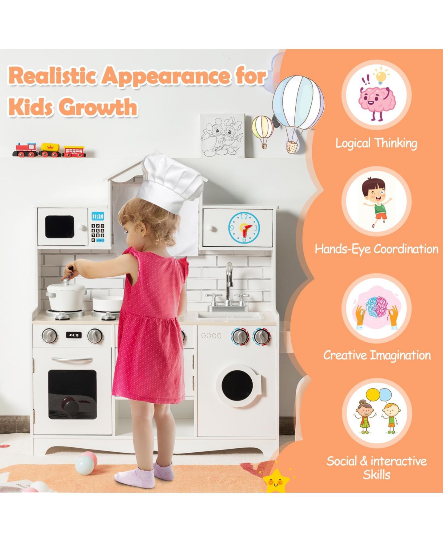 Детская игрушка SKONYON Wooden Kids' Kitchen with Washing Machine, Ages 3+ — фото 7