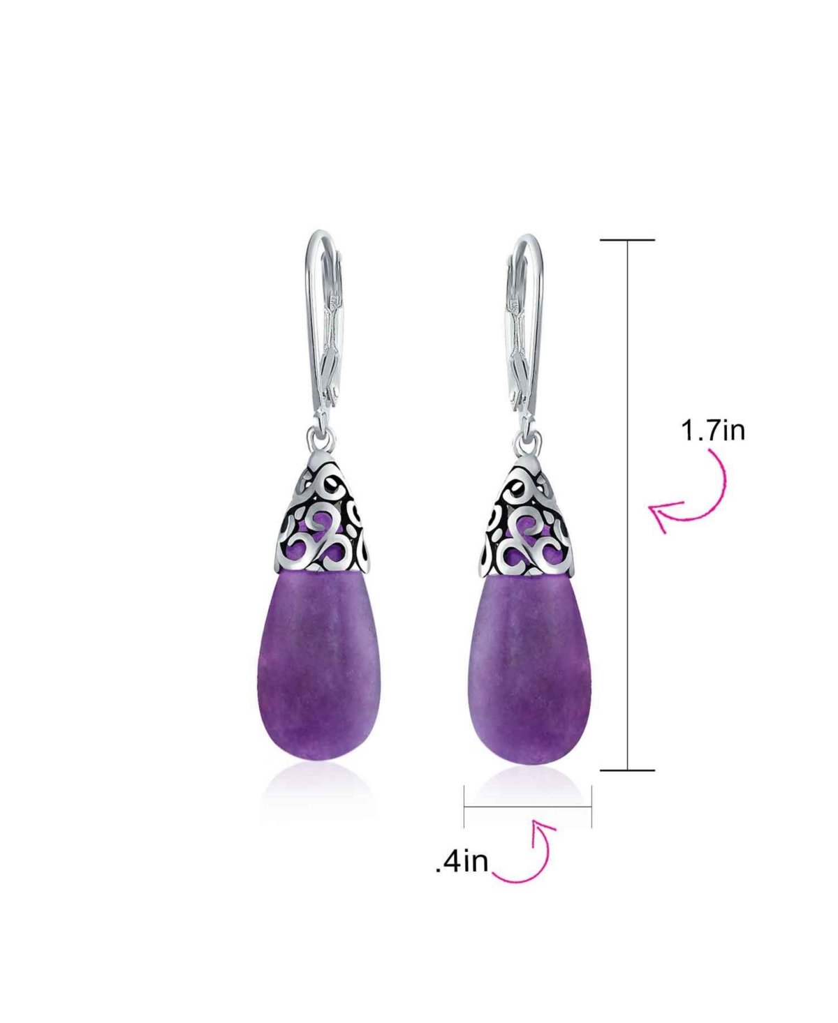 Bling Jewelry Western Style Dyed Purple Natural Quartz Elongated Teardrop Filigree Lever Back Dangle Earrings For Women Sterling Silver - Purple quart