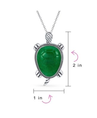 Large Nautical Tropical Beach Vacation Green Natural Jade Sea Turtle Pendant Statement Necklace Sterling Silver Oxidized