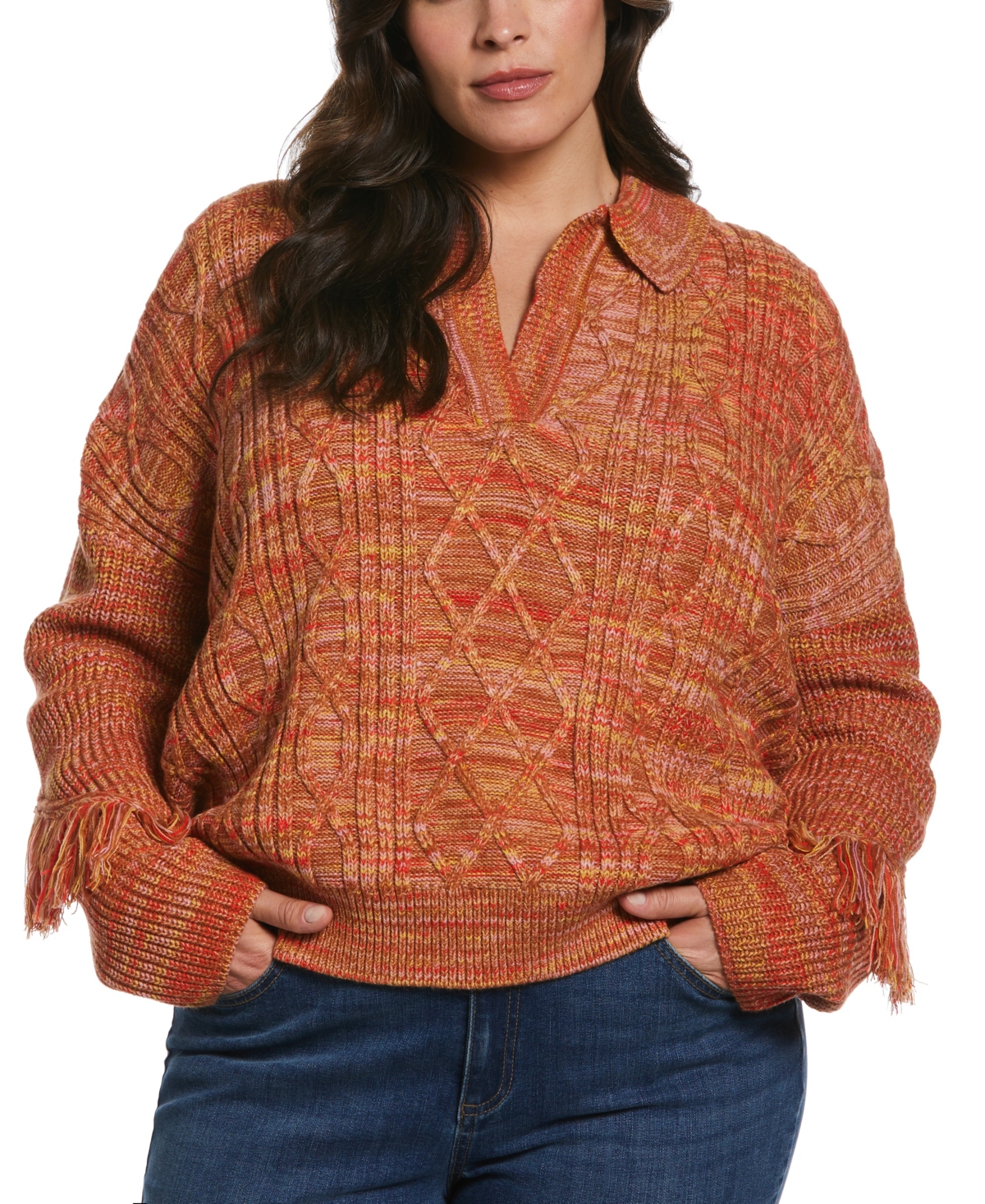 Plus Size Fringe Trim Long Sleeve Polo Sweater - Orange Rust