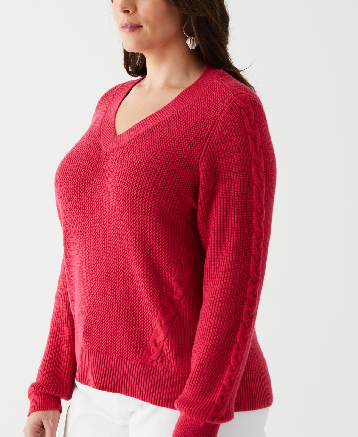 Ella Rafaella Plus Size Cable Knit V-Neck Long Sleeve Sweater