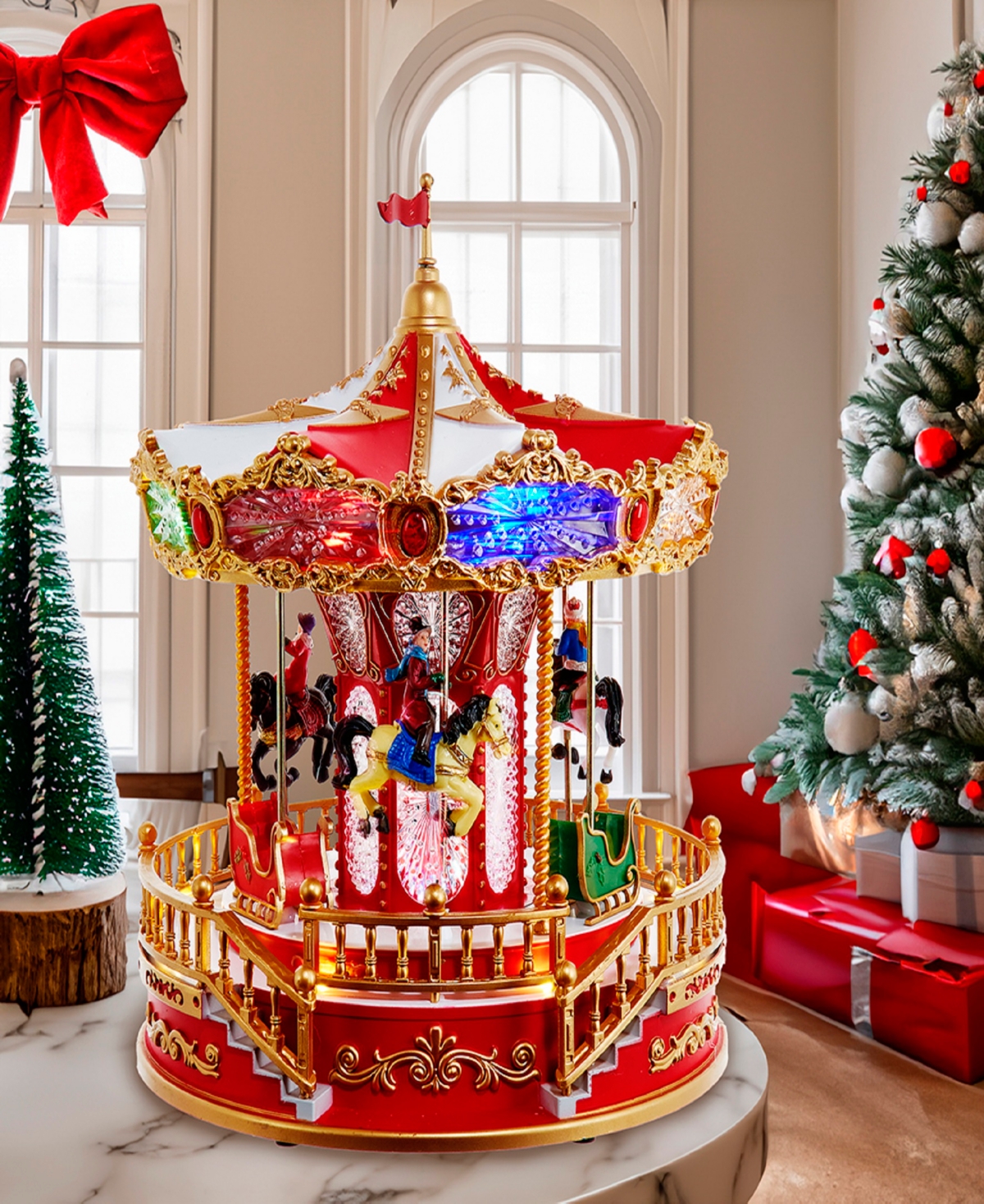 Kurt Adler 11.1-inch Battery Operated Led Lighted Musical Santa Carousel With Motion Table Piece In Red