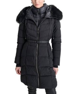 DKNY Women's Bibbed Faux-Fur-Trim Hooded Puffer Coat - Macy's