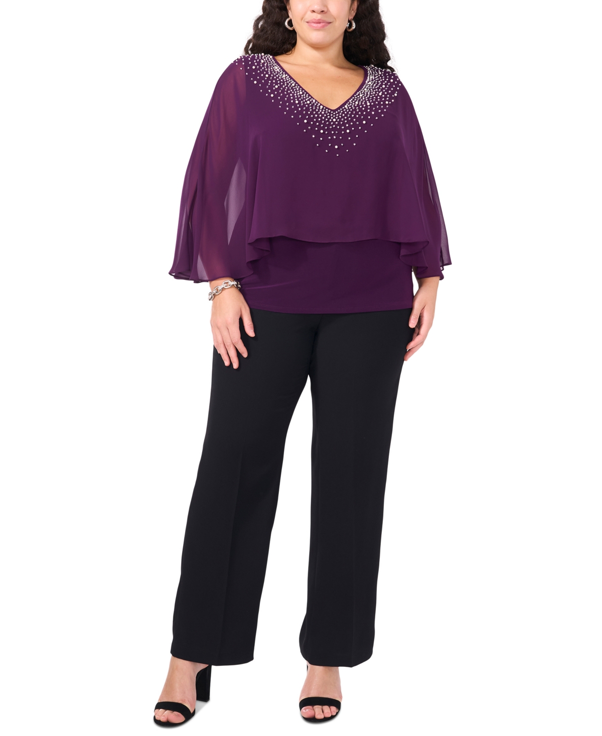 Msk Women's V-Neck Embellished Overlay Top