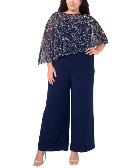 Женский комбинезон MSK Plus Size Embellished Overlay Wide-Leg Jumpsuit, цвет: Тёмно-синий