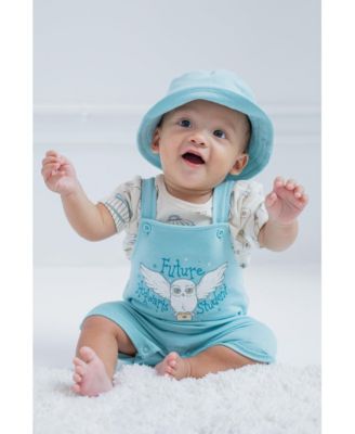 Baby Boys French Terry Short Overalls T-Shirt and Hat 3 Piece Outfit Set