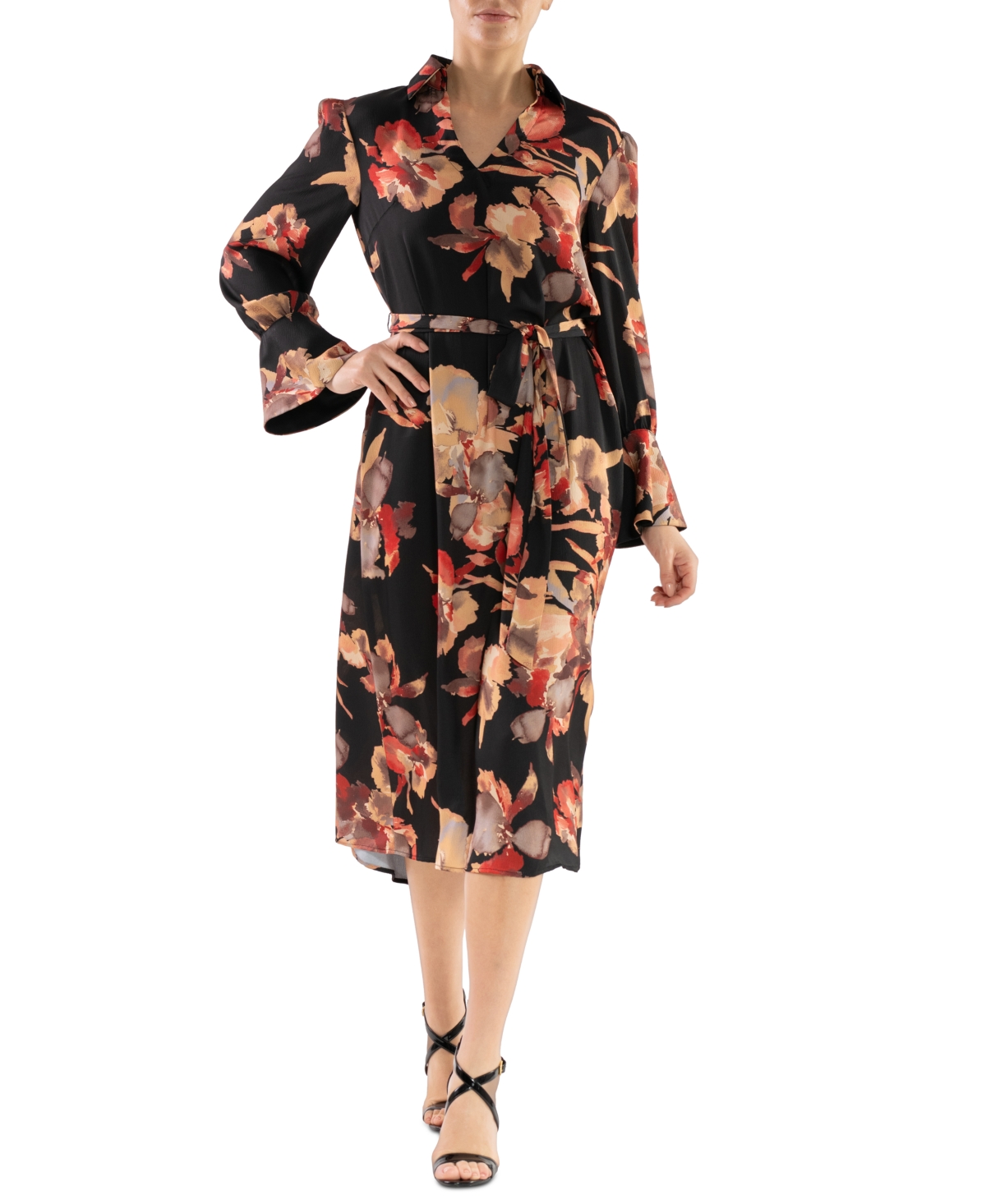 Women's Floral-Print Belted Long-Sleeve Midi Dress - Black Orange