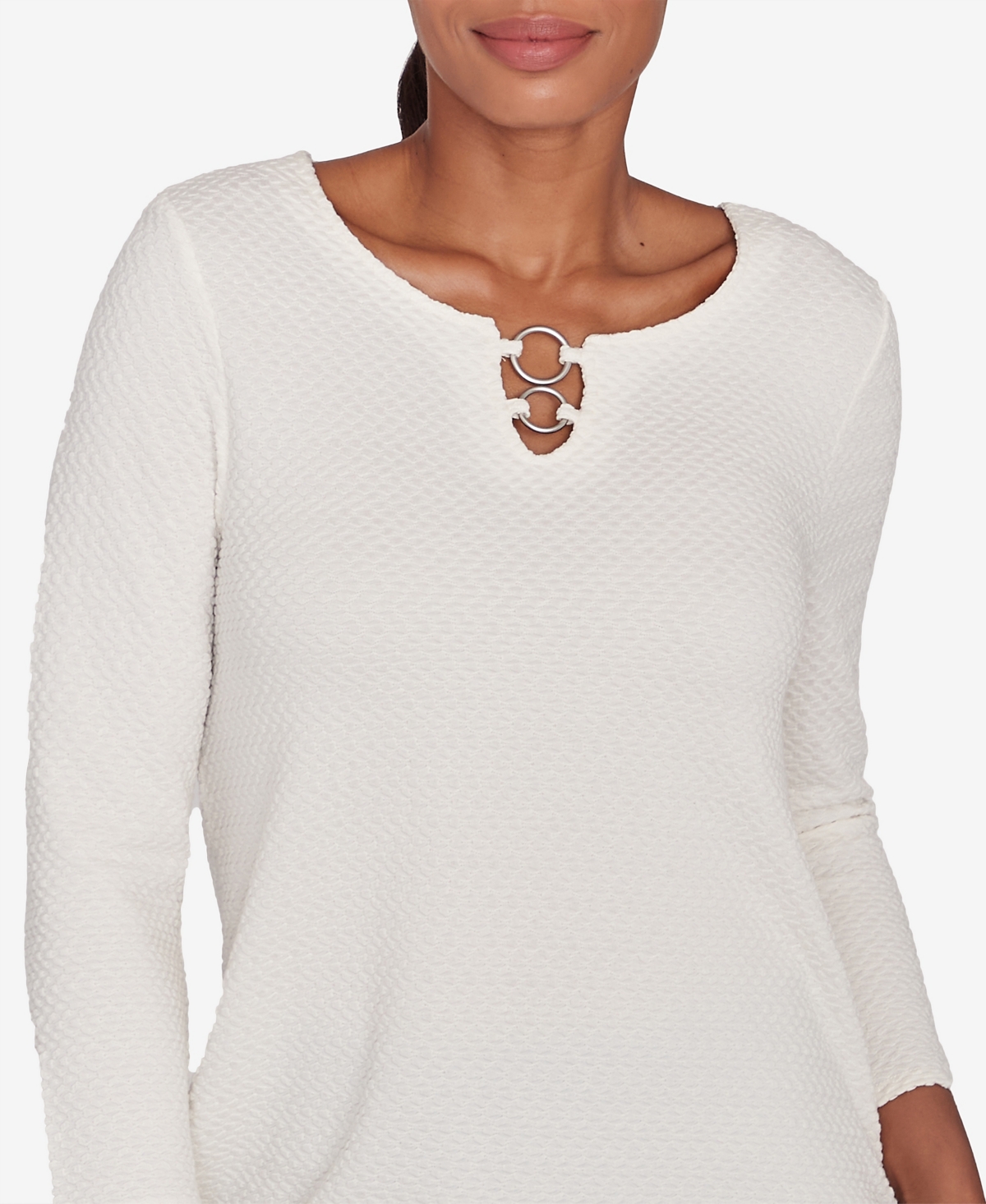 Ruby Rd. Petite Scoop Neck with Ring Detail Solid Textural Knit Top