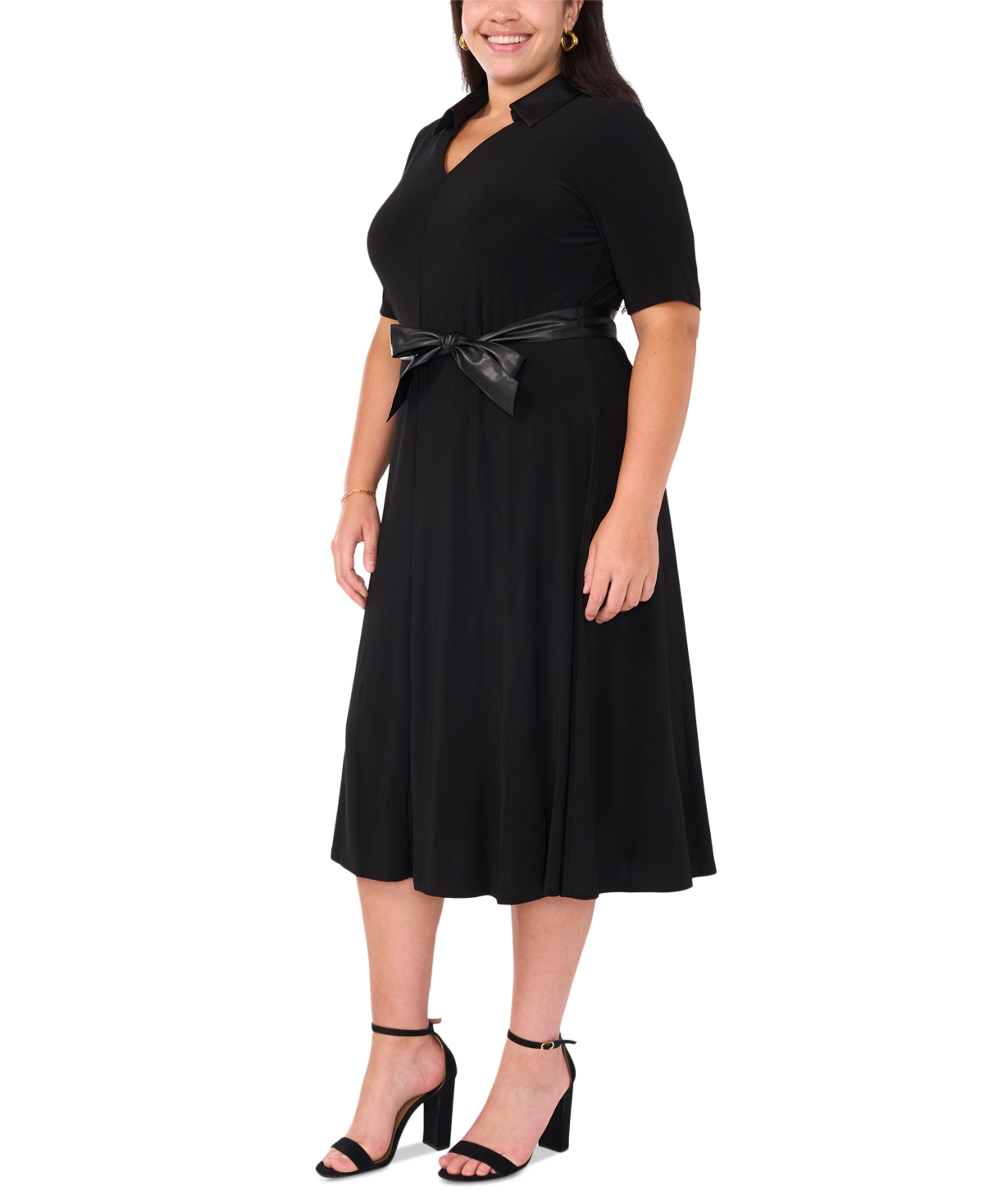 Msk Plus Size Belted Fold-Collar Split-Neck Dress - Black 001