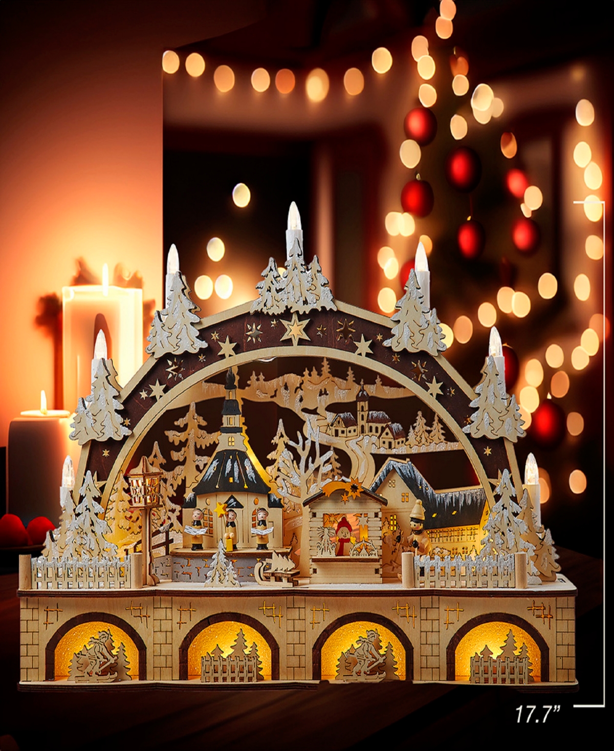 Kurt Adler 17.72-inch Wooden Led Light-up Christmas Village With Candle In Brown