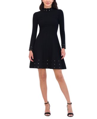 Vince Camuto Petite Mock-Neck Embellished Fit & Flare Dress - Macy's