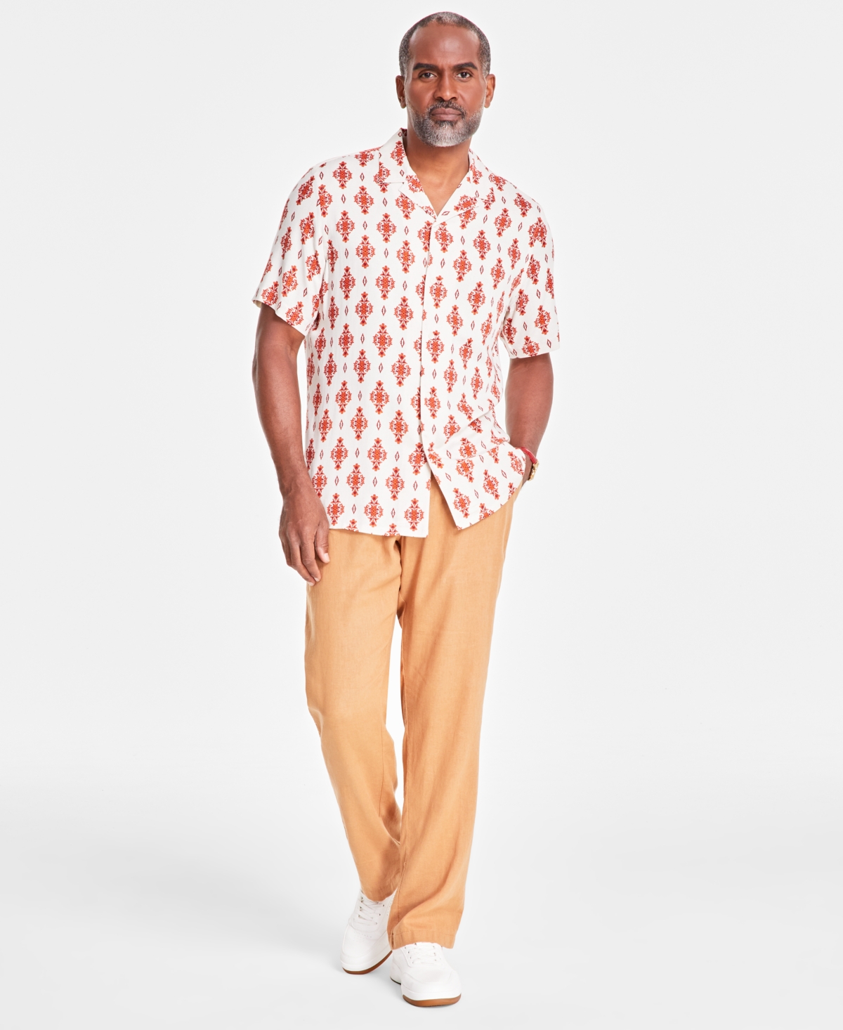Men's Geometric Print Silk-Blend Short-Sleeve Button-Down Shirt, Created for Macy's - Winter Ivory