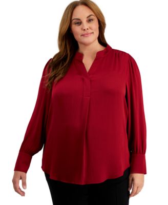 Anne Klein - Plus Size Pleat-Front Long-Sleeve Top