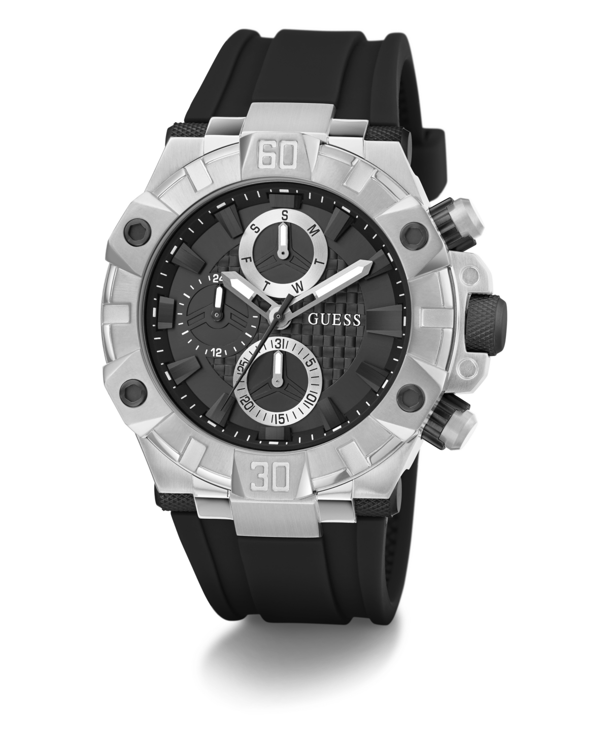 Guess Men's Multi-function Black Silicone Watch 46mm In Black