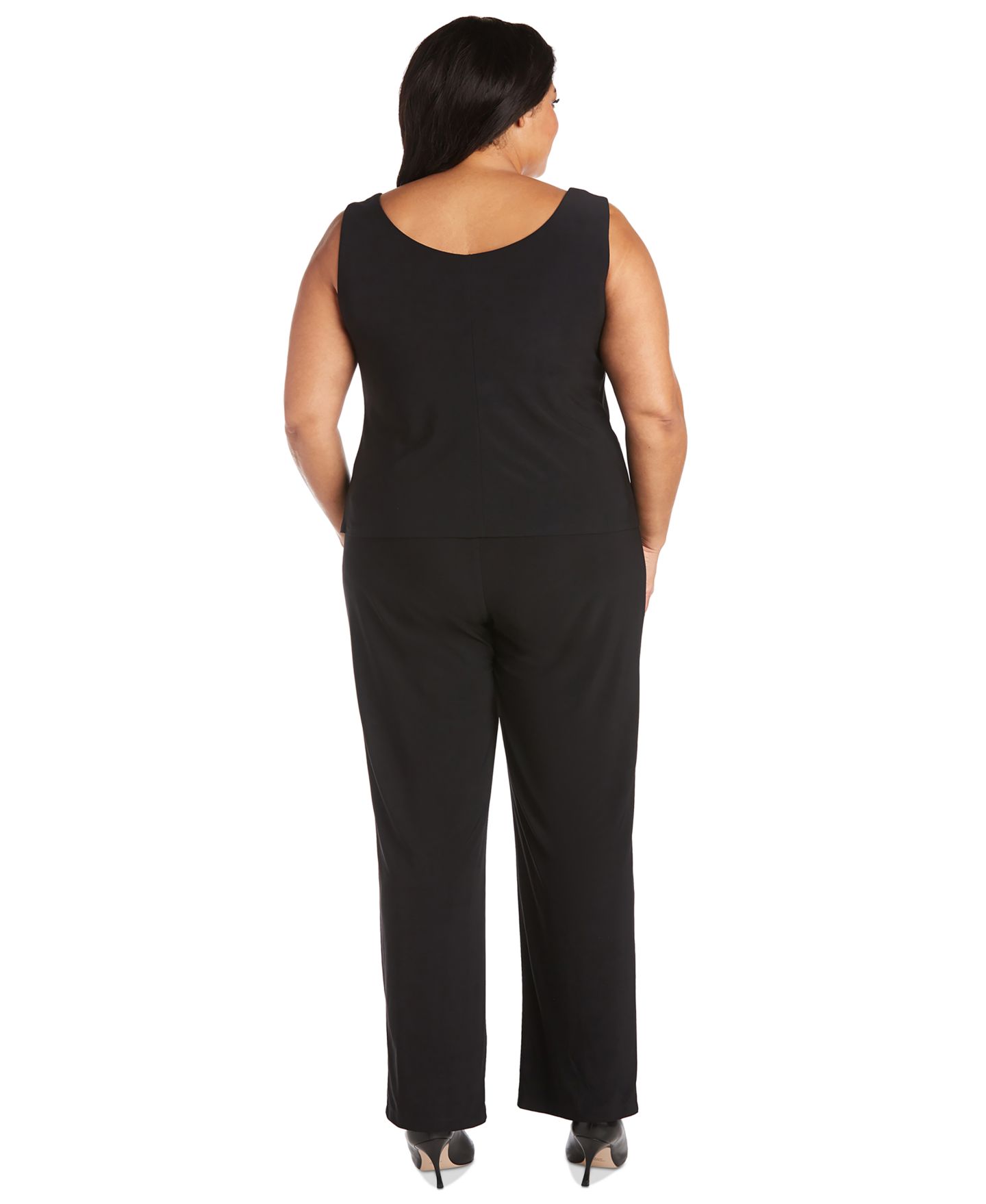 R & M Richards Plus Size Sequined Sleeveless Top, Open-Front Jacket & Pants Set, цвет: Чёрный — фото 5
