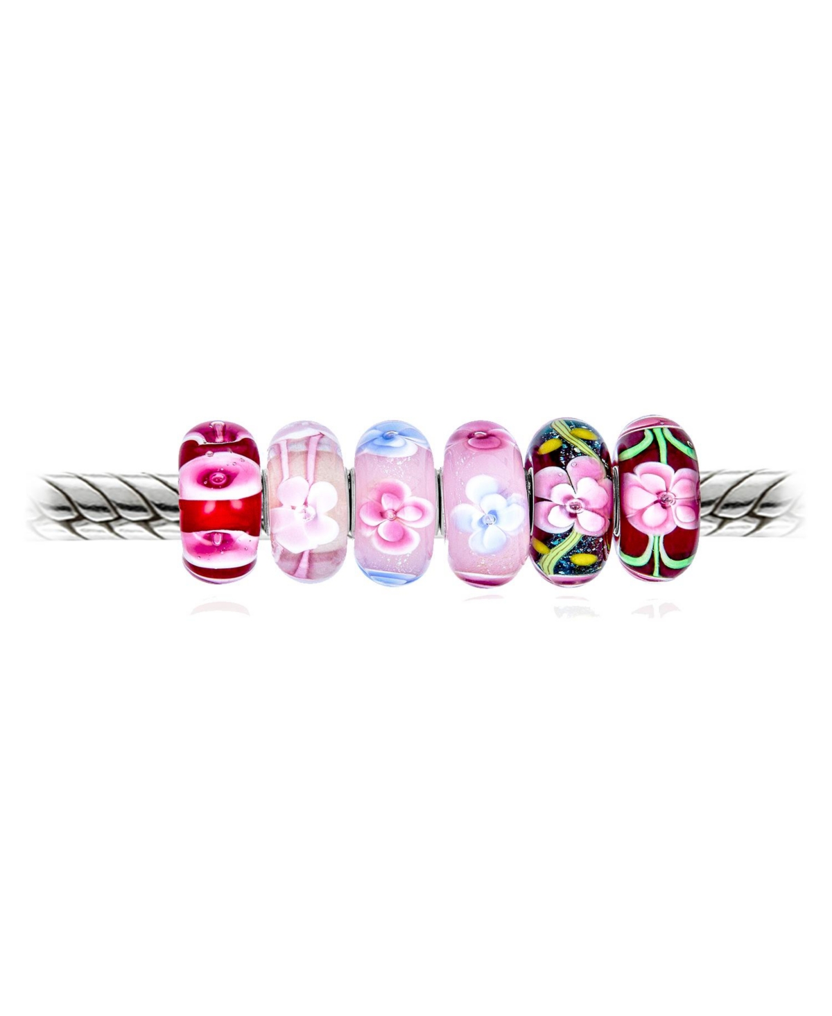 Bling Jewelry Assorted Mixed Set Of 6 Bundle Translucent Shades Of Floral Red Pink Blue Yellow Flower Rose Murano Glass Charm Bead .925 Sterling Silve