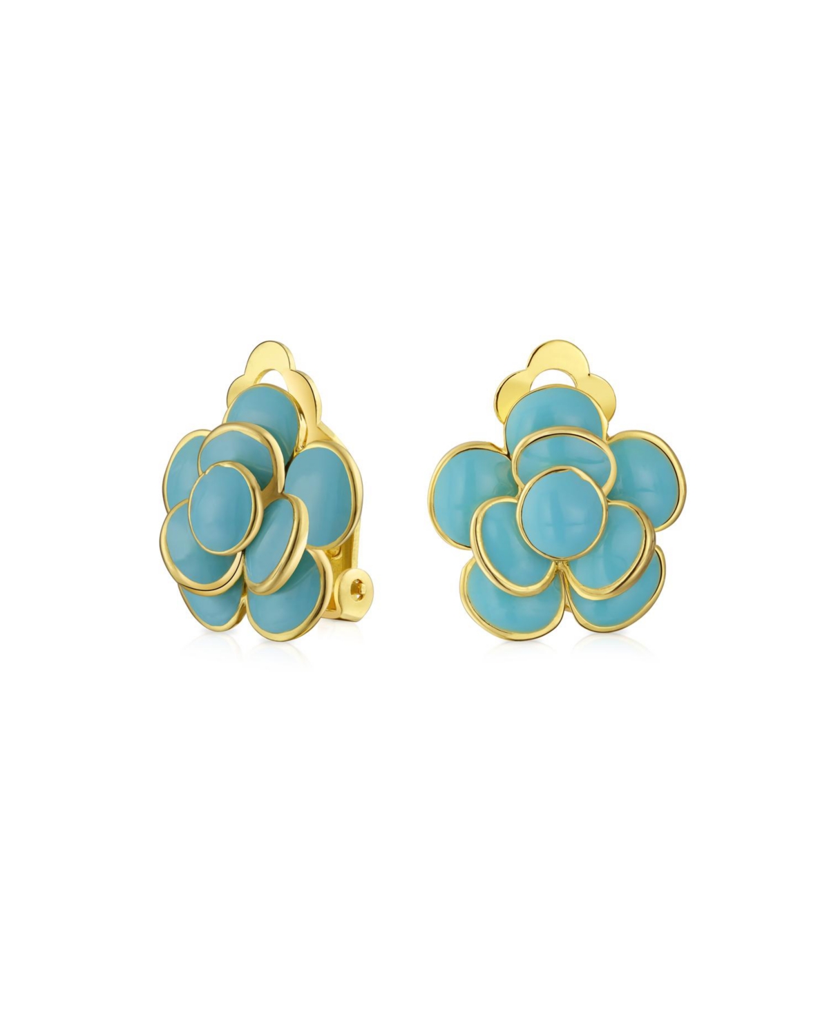 Retro Enamel Rose Flower Clip On Earrings Button Style For Non Pierced Ears Gold Plated Brass - Aqua