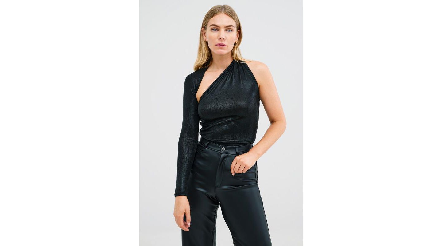 Женский топ Marcella Manhattan Metallic One-Shoulder Open-Back Long-Sleeve, цвет: Оникс — фото 1