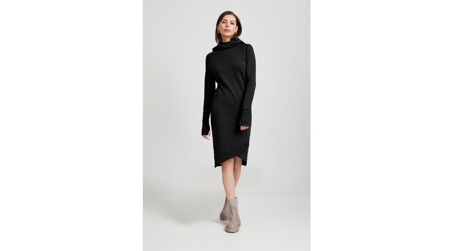 Женское платье Marcella Walker Hooded Midi Sweatshirt Dress with Layered Tulip Hem, цвет: Чёрный — фото 1
