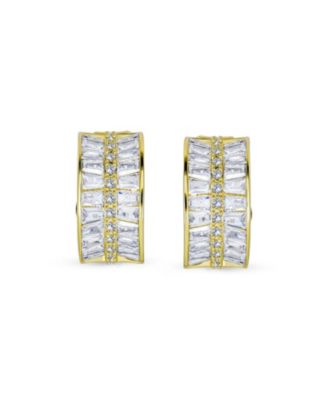 Art Deco Style Statement CZ Half Hoop Baguette Earrings Clip On Yellow Gold Plated