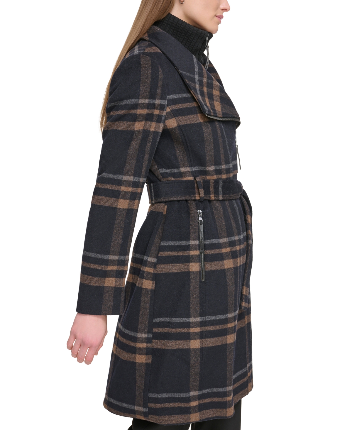 Calvin Klein Womens Wool Blend Belted Wrap Coat, Created For Macys In Black