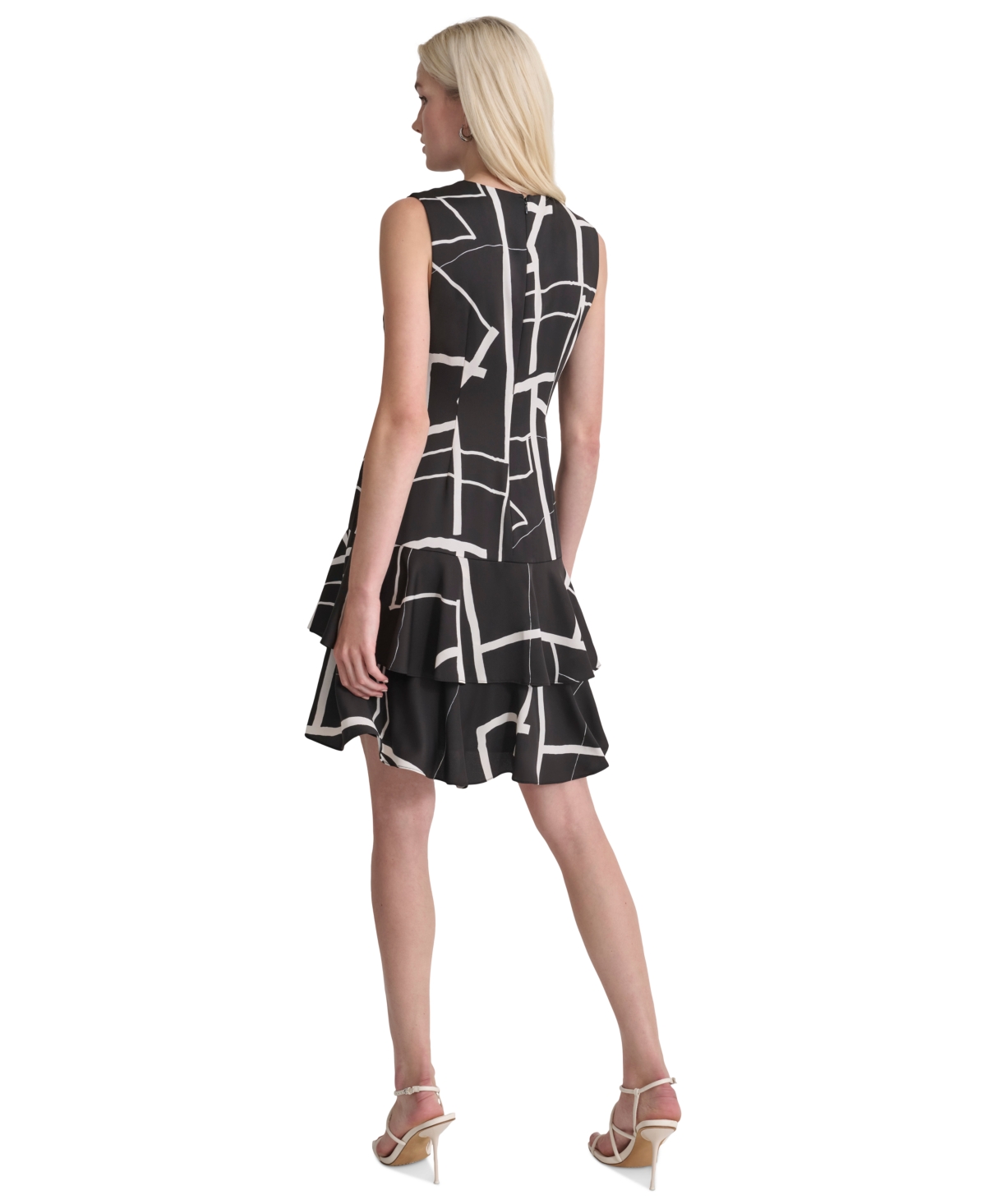 Dkny Women's Printed Double-layer Fit & Flare Dress In Black Eggshell