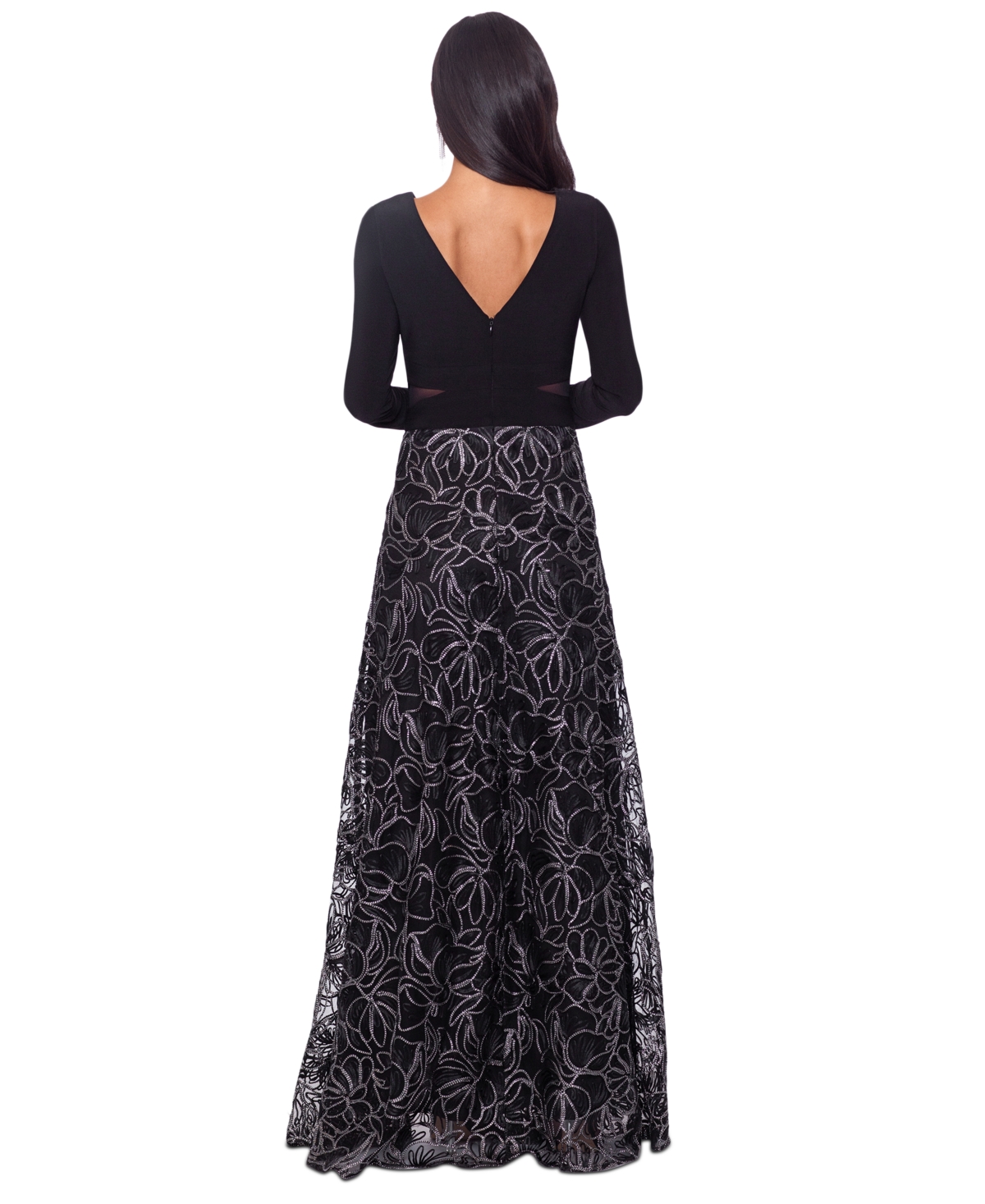 Xscape Women's Long-Sleeve Brocade-Skirt Gown -Silver