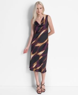 DKNY - Women's Printed Sleeveless Cowlneck Midi Dress